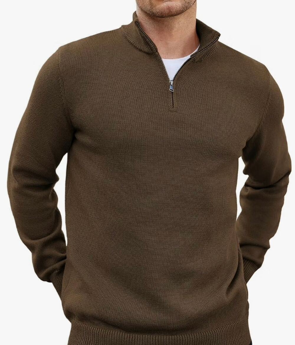 COOFANDY Men's Quarter Zip Pullover Sweater Mock Neck Slim Fit Brown. New